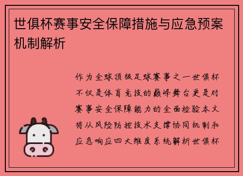 世俱杯赛事安全保障措施与应急预案机制解析