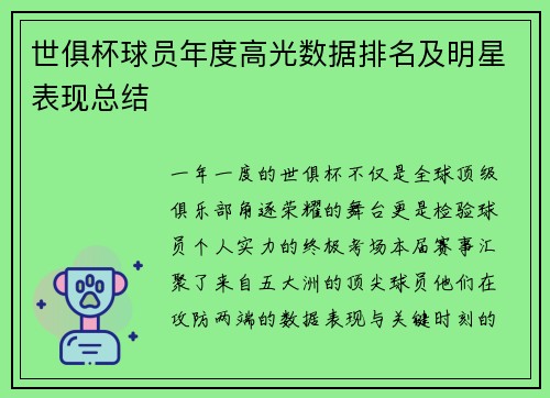 世俱杯球员年度高光数据排名及明星表现总结
